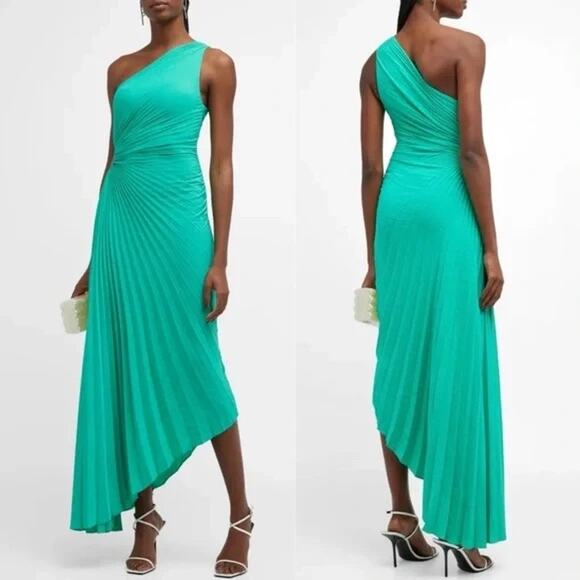 A.L.C. Green Mint Delfina One Shoulder Pleated Side Cutout Dress size 12 NWT - Picture 1 of 16